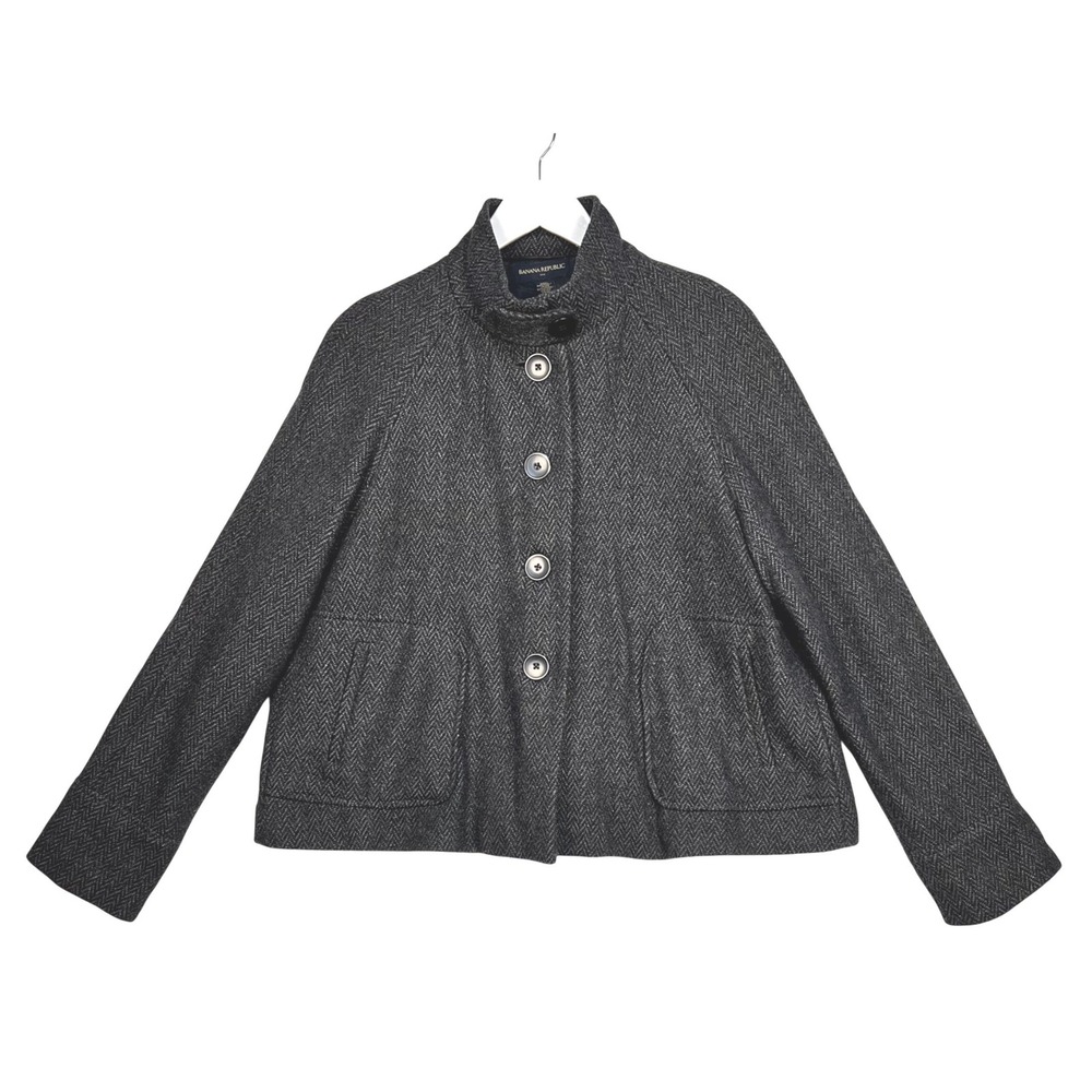 Banana Republic Wool Blend Jacket Coat Womens XL Dark Gray Herringbone Pockets